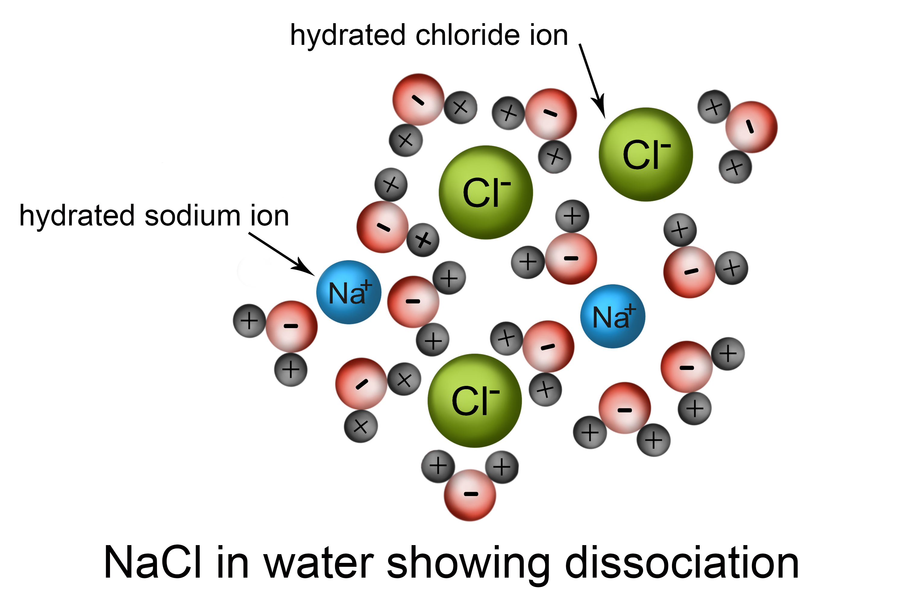 Particle structure of NaCI in water showing dissociation